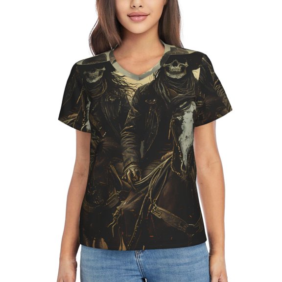Vsdgher Western Desert Skull Cowboy Women Shirts V Neck Short Sleeve Tops T-Shirt Basic Tees, S to 3XLX-Large