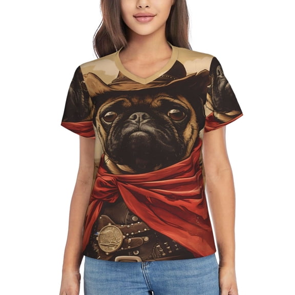 Vsdgher Western French Bulldog Cowboy Women Shirts V Neck Short Sleeve Tops T-Shirt Basic Tees, S to 3XLSmall
