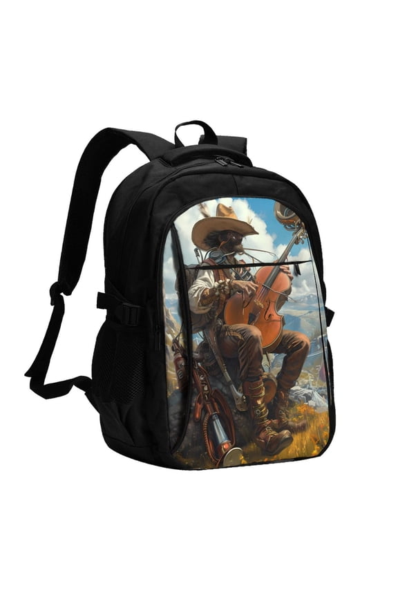Western Guitar Cowboy Print Travel Laptop Backpack, Laptops Backpack with USB Charging Port, Water Resistant Computer Bag Gift for Men & Women