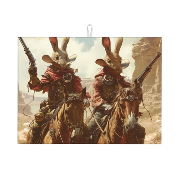 Vsdgher Western Rabbit Cowboy Dish Drying Mat Super Absorbent Drying Mat Large Dish Drying Mats for Kitchen Counter Kitchen Drying Mat 24" x 18"