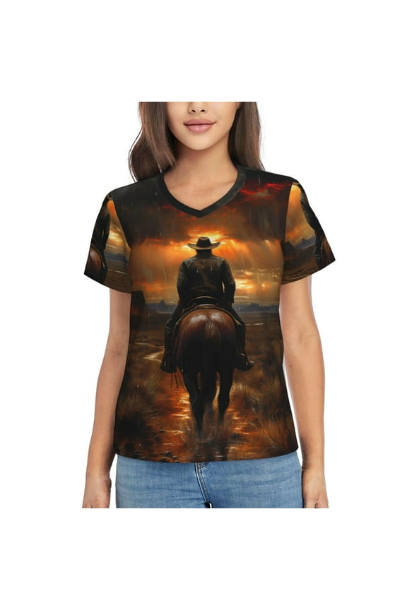 Western Rainy Desert Cowboy Women Shirts V Neck Short Sleeve Tops T-Shirt Basic Tees, S to 3XLX-Large
