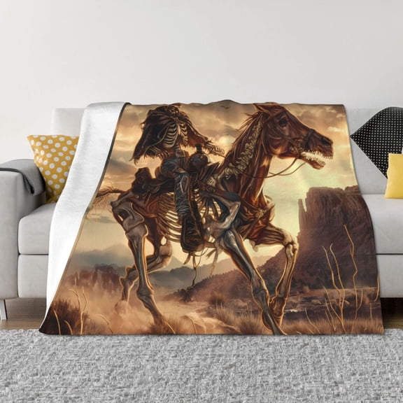 Vsdgher Western Skeleton Cowboy Horse Pattern Fleece Throw Blanket, Horizontal Fleece Bedding Home Decor for Couch & Bed All Season Use -80"x60"