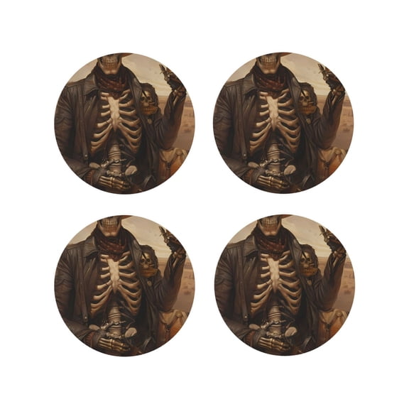 Vsdgher Western Skull Cowboy Leather Coasters for Drinks, Durable Drink Coasters 4 Set for Tabletop Protection, Luxurious Home Décor and Housewarming Gift ( {designName})Round Shape