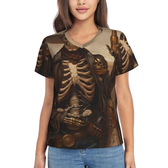 Vsdgher Western Skull Cowboy Women Shirts V Neck Short Sleeve Tops T-Shirt Basic Tees, S to 3XLSmall
