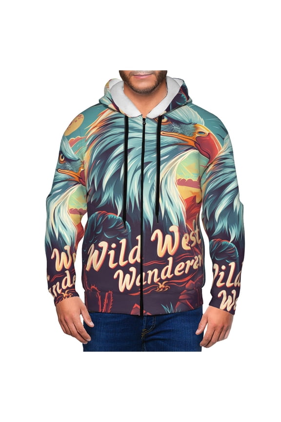 Western Style Bald Eagle Mens Hoodies Zip Hoodie, Hoodies for Men, Zip-up Hooded Sweatshirt-3X-Large
