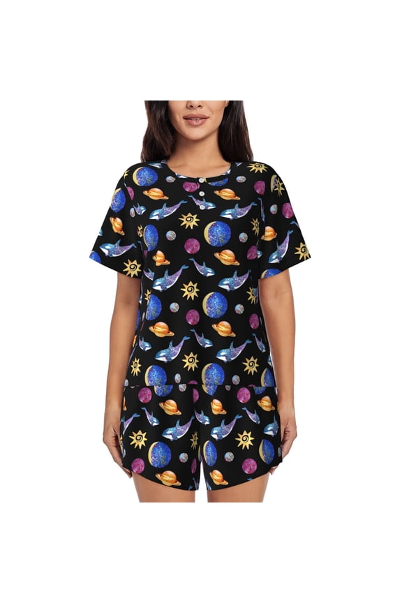 Whales In Space Pattern Womens Pajamas 2 Piece Short Sleeve Sleepwear Set,Summer Soft Pajamas Set Casual Lounge Sets, 2-Piece Pj -3X-Large