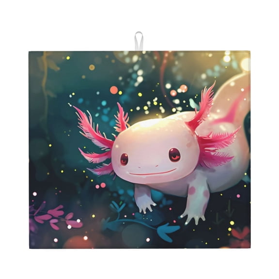 Vsdgher Whimsical Axolotl Fantasy Print Dish Drying Mat, Kitchen Counter Mat, Dish Drying Pad for Dishes, Utensils, Pots and Pans,16" x 18"