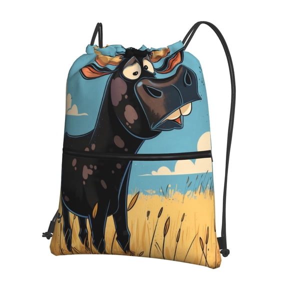 Vsdgher Whimsical Cartoon Cow Drawstring Backpack Water Resistant String Bag Sports Sackpack Gym Sack for Men Women