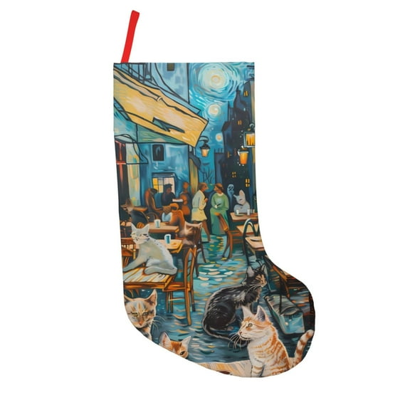 Vsdgher Whimsical Cats Night Cafe Christmas Stockings 18 inch Large Kids Stocking Bags Hanging Socks for Christmas Decor Decorations