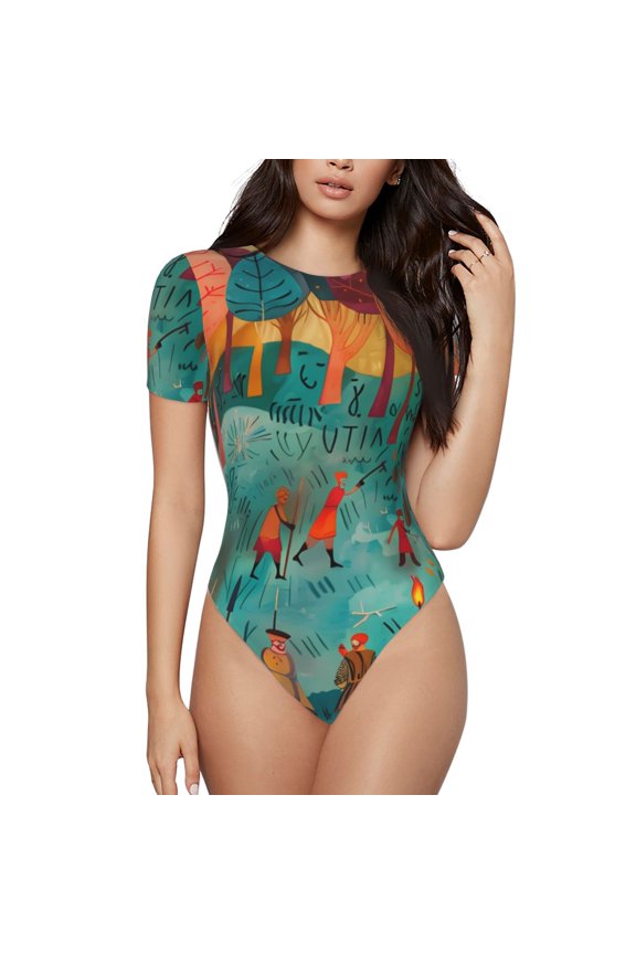 Whimsical Forest Scene Prinr Short Sleeve Body suit for Womens, Sexy Onesie One Piece Round Neck Bodysuit Shapewear Tummy Control-X-Large