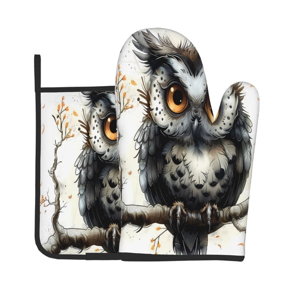 Vsdgher Whimsical Owl On Branch Oven Mitts and Pot Holders 2 pcs Set,High Heat Resistant Kitchen Oven Glove for Baking and Cooking