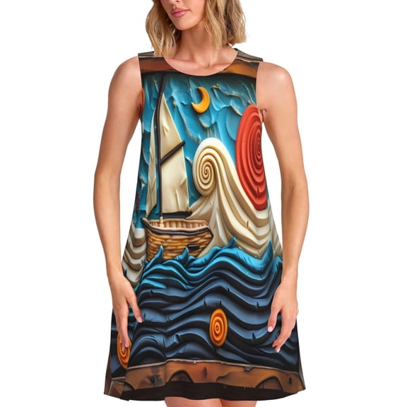 Vsdgher Whimsical Sailboat Ocean Art Print Summer Dresses for Women Casual U Neck Beach Dress Sleeveless Tank Loose Sundress with Pocket -Large