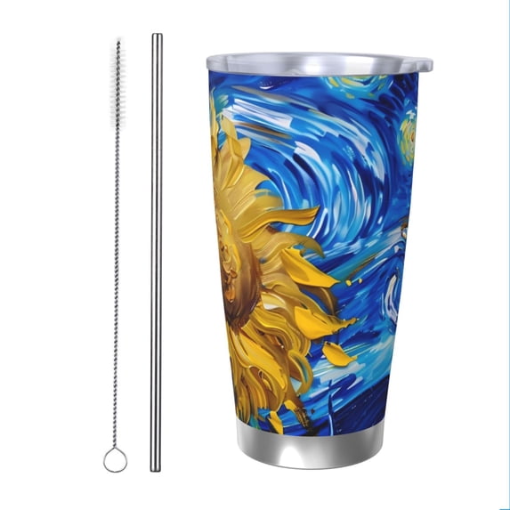 Vsdgher Whimsical Sunflowers Night Sky 20 Oz Stainless Steel Vacuum Insulated, Travel Mug Coffee Cup for Home, Office, Outdoor Works Great for Ice Drinks and Hot Beverage -Straw Two-piece Set