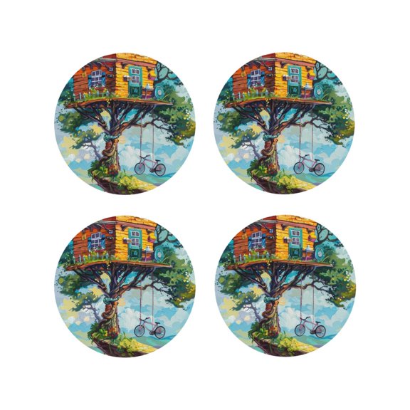 Vsdgher Whimsical Treehouse Painting Leather Coasters for Drinks, Durable Drink Coasters 4 Set for Tabletop Protection, Luxurious Home Décor and Housewarming Gift-Round Shape