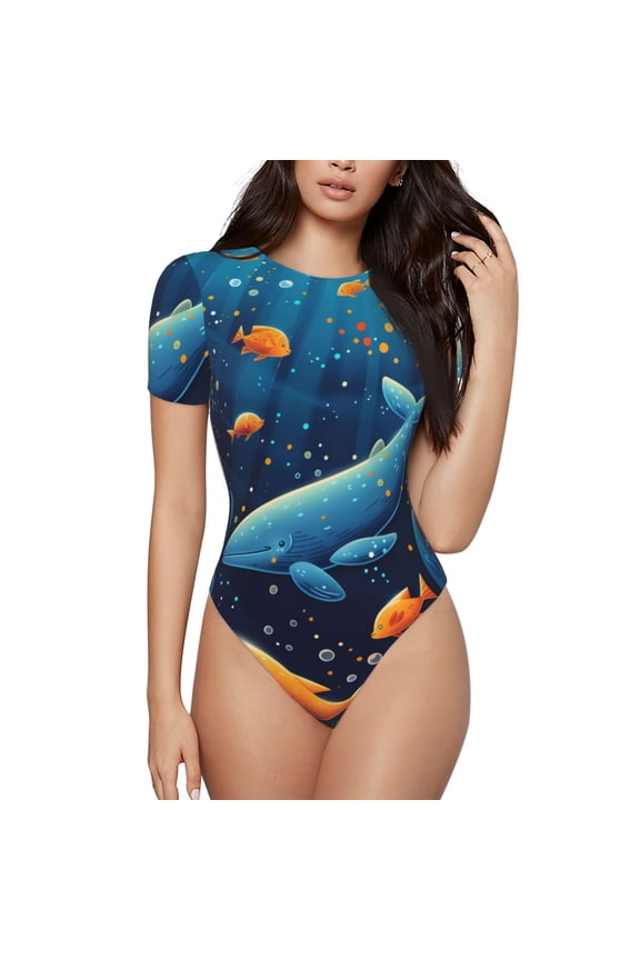 Whimsical Underwater Fantasy Prinr Short Sleeve Body suit for Womens, Sexy Onesie One Piece Round Neck Bodysuit Shapewear Tummy Control-XX-Large