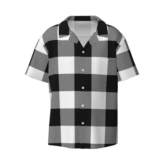Vsdgher White And Black Plaid Print Men's Wrinkle Free Untucked Cuban Shirt Business Casual Button Down Shirts Short Sleeve Shirt