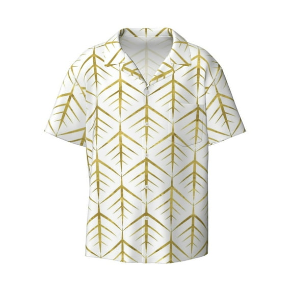 Vsdgher White And Gold Geometry Print Men's Wrinkle Free Untucked Cuban Shirt Business Casual Button Down Shirts Short Sleeve Shirt