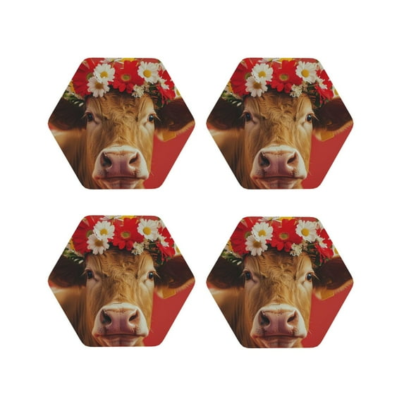 Vsdgher White And Red Daisy Cow Leather Coasters for Drinks, Durable Drink Coasters 4 Set for Tabletop Protection, Luxurious Home Décor and Housewarming Gift ( {designName})Hexagon