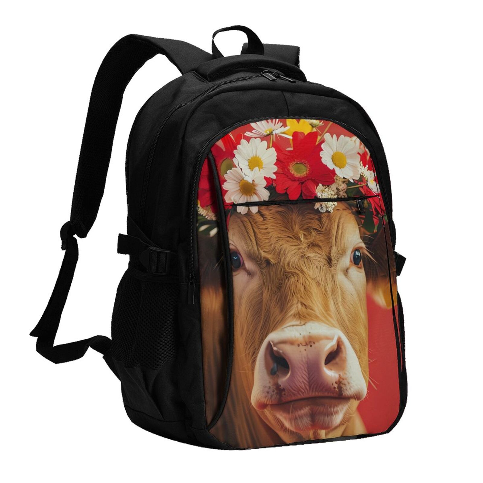 Vsdgher White And Red Daisy Cow Print Travel Laptop Backpack, Laptops Backpack with USB Charging Port, Water Resistant Computer Bag Gift for Men & Women