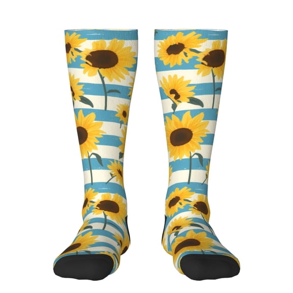 Vsdgher White Blue Striped Sunflower Knee Socks, High Socks Long Stretchy Sock Women Knee High Stocking, Long Socks for Women