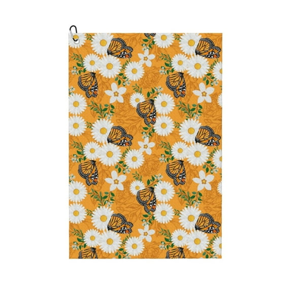 Vsdgher White Floral and Butterflies Print Golf Towel Golf Gift for Men and Women Golf Towel with Carabiner Clip to Quickly Remove Sand, Mud, Dirt and Sweat