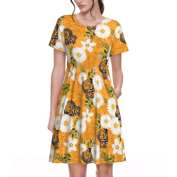 Vsdgher White Floral and Butterflies for Womens Summer 2025 Casual Midi Maxi Dresses Lightweight Short Sleeve Round Neck Beach Dress -3X-Large