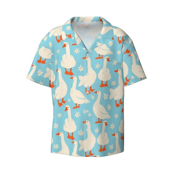 Vsdgher White Geese and Flower Print Men's Wrinkle Free Untucked Cuban Shirt Business Casual Button Down Shirts Short Sleeve Shirt