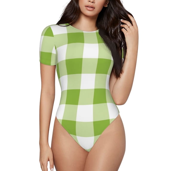 Vsdgher White Green Plaid Prinr Short Sleeve Body suit for Womens, Sexy Onesie One Piece Round Neck Bodysuit Shapewear Tummy Control-Medium