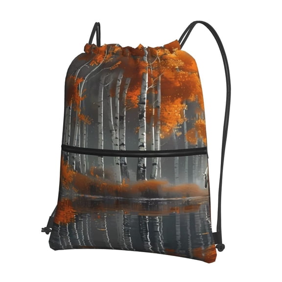 Vsdgher White Horse Autumn Birch Drawstring Backpack Water Resistant String Bag Sports Sackpack Gym Sack for Men Women
