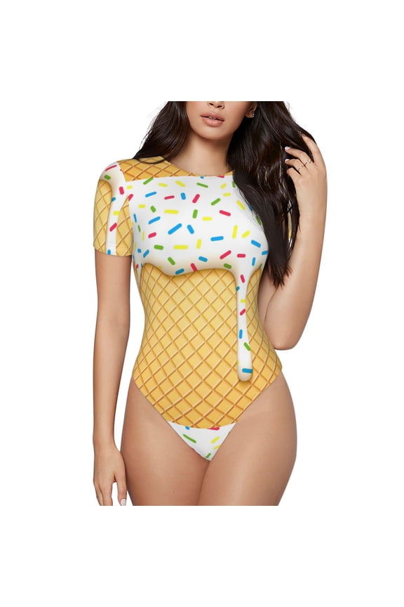 White Ice Cream Prinr Short Sleeve Body suit for Womens, Sexy Onesie One Piece Round Neck Bodysuit Shapewear Tummy Control-Medium