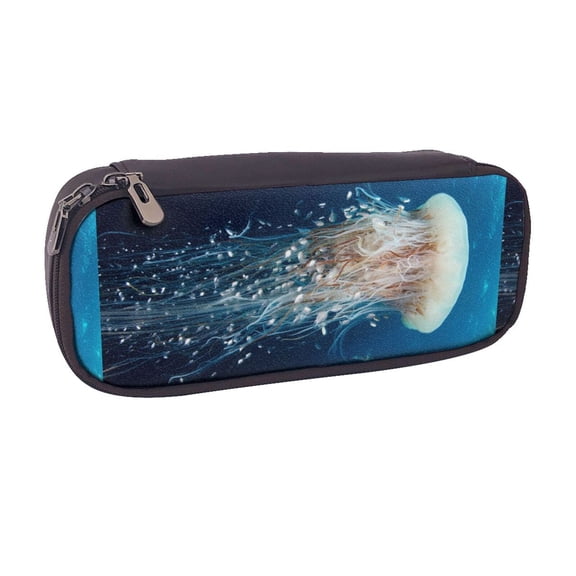 Vsdgher White Jellyfish Dansing in the Ocean Print Pen Case Leather Pencil Pouch Markers Holder Big Capacity Bag with Zippered Pocket for Stationery Tool