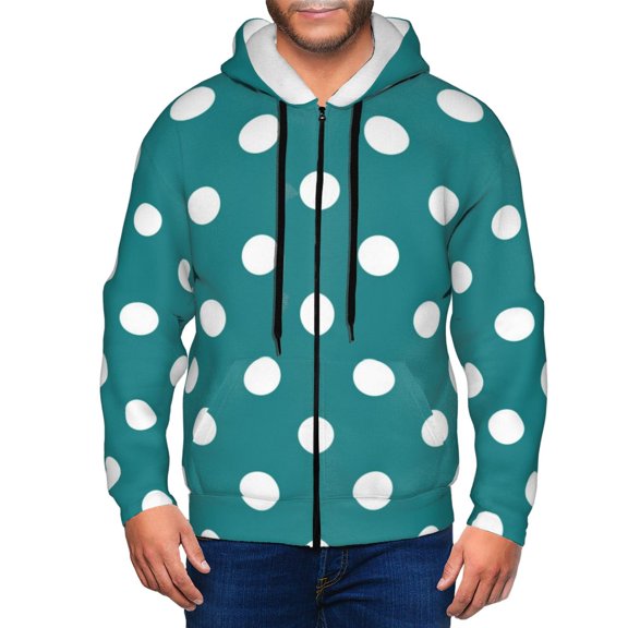 Vsdgher White Polka Dots With Teal Background Mens Hoodies Zip Hoodie, Hoodies for Men, Zip-up Hooded Sweatshirt-3X-Large