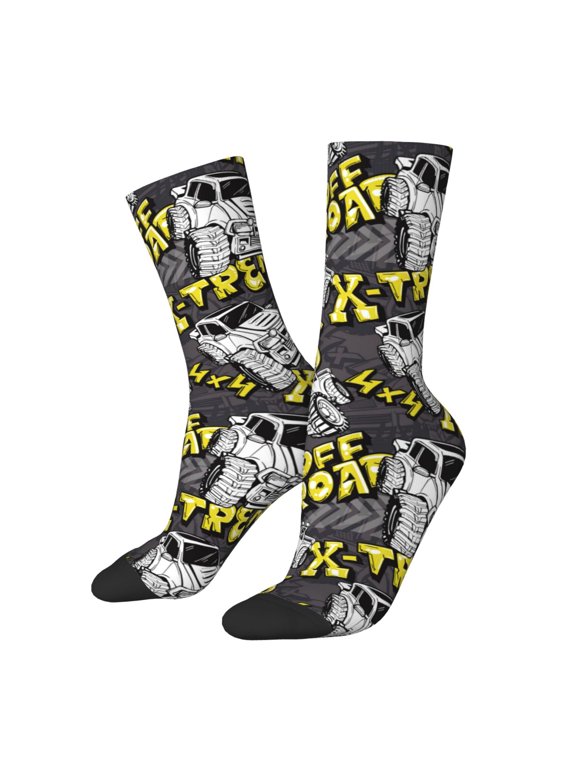 White Retro Off-Road Vehicle Crew Socks for Men & Women, Breathable Casual Athletic Ankle Socks