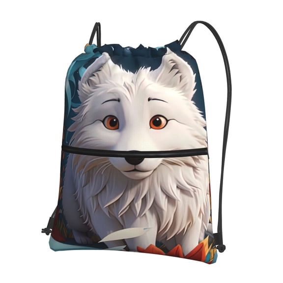 Vsdgher White Wolf With Flowers Drawstring Backpack Water Resistant String Bag Sports Sackpack Gym Sack for Men Women