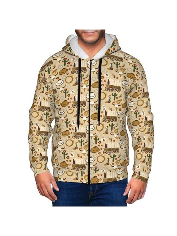 Wild West Cowboy Mens Hoodies Zip Hoodie, Hoodies for Men, Zip-up Hooded Sweatshirt-Medium