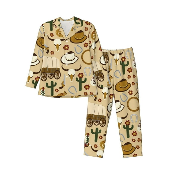 Vsdgher Wild West Cowboy Mens Pajama Set, Soft Warm Long Sleeve Sleepwear, Cozy Button-Down Pjs for Men-Large