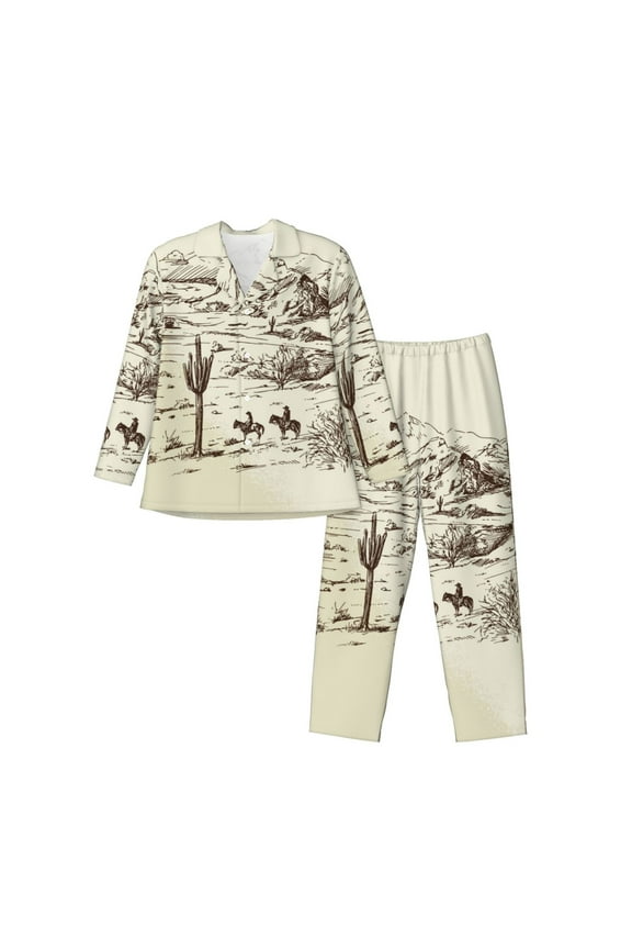 Wild West Desert With Cowboys Mens Pajama Set, Soft Warm Long Sleeve Sleepwear, Cozy Button-Down Pjs for Men-Medium