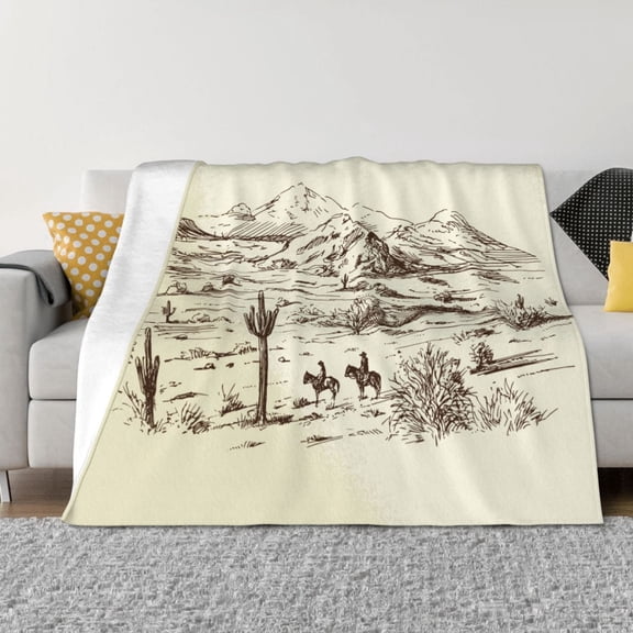 Vsdgher Wild West Desert With Cowboys Pattern Fleece Throw Blanket, Horizontal Fleece Bedding Home Decor for Couch & Bed All Season Use -80"x60"