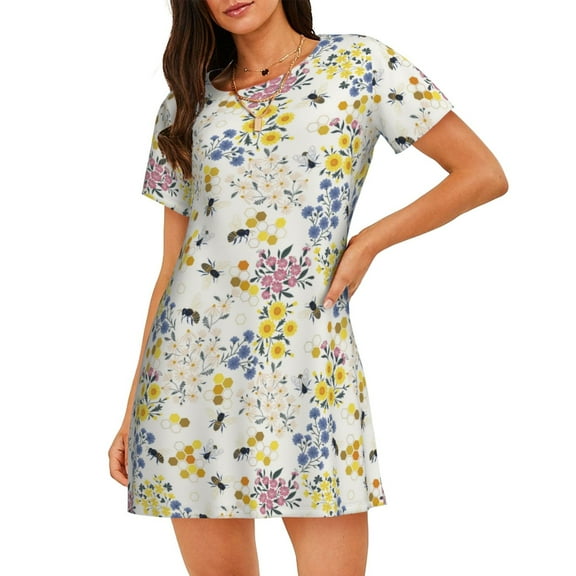 Vsdgher Wildflower Honeybee Pattern Womens Short Sleeve Sleepshirt Scoopneck Cute Nightdress Ruffle Comfy Nightgown