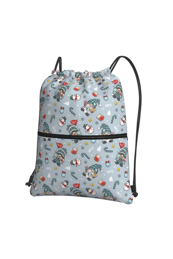 Winter Gnome And Snowman Drawstring Backpack Water Resistant String Bag Sports Sackpack Gym Sack for Men Women