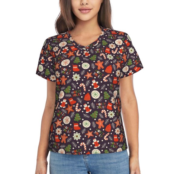 Vsdgher Winter Holiday Christmas Women Shirts V Neck Short Sleeve Tops T-Shirt Basic Tees, S to 3XLXX-Large