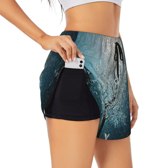 Vsdgher Winter Rabbit Print Women's Running Double Layer Shorts High Waisted with Pockets Elastic Yoga Workout Athletic Gym Sports