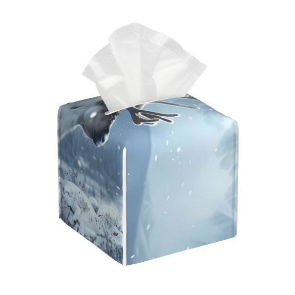 Vsdgher Winter Reindeer In Snowy Mountains Pattern Tissue Box Cover Holder, Square with Bottom Belt by Leather Decorative Organizer for Tabletop, Bathroom, Car, Office