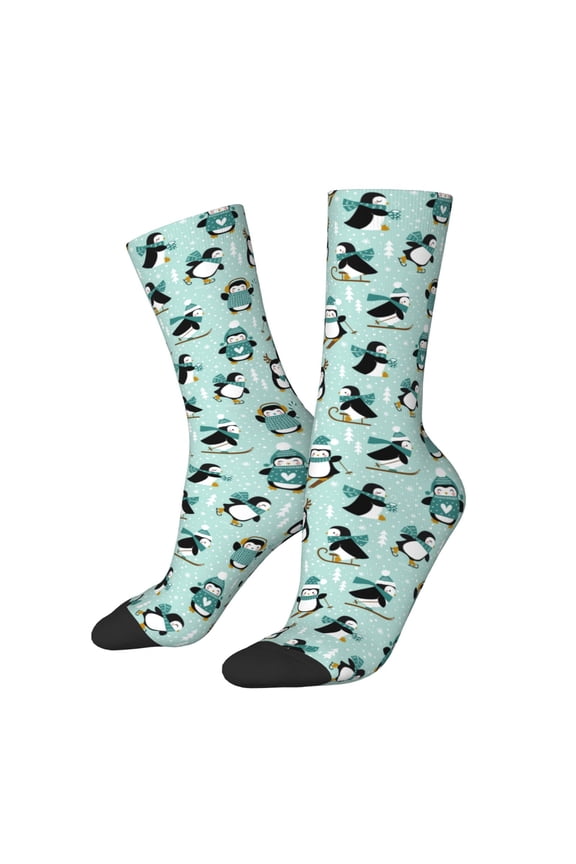 Winter Skiing Penguin Crew Socks for Men & Women, Breathable Casual Athletic Ankle Socks