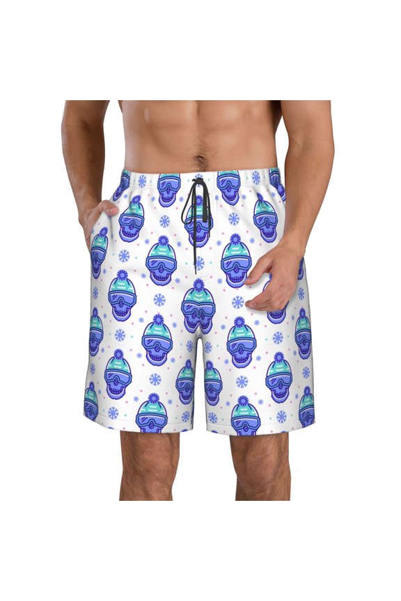 Winter Snowflake Skiing Skull Men's Beach Shorts, Surfing shorts, Swim trunks, Quick Dry Swim Trunks for Surfing Beach Fun -3X-Large