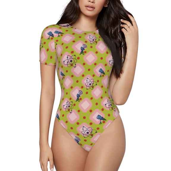 Vsdgher Wireless Antenna Icon1 Prinr Short Sleeve Body suit for Womens, Sexy Onesie One Piece Round Neck Bodysuit Shapewear Tummy Control-Medium
