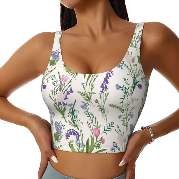 Vsdgher Wisteria Flower Print Women Sleeveless Athletic Tank Top Built-in Bra Camisole Sports Vest for Yoga Running Fitness Exercise with Removable Pads