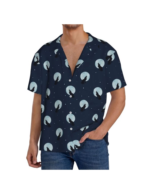 Wolf And Moon Men's Cuban Shirt, Hawaiian Shirts, Business Casual Button Down Shirts, Short Sleeve Shirt-Medium