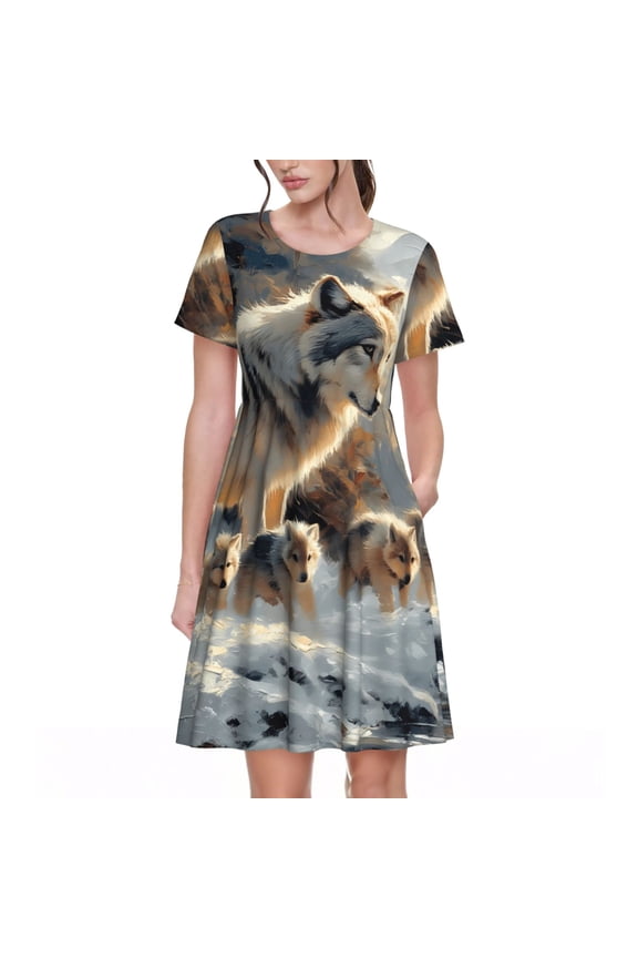 Wolf Family Winter Wonderland for Womens Summer 2025 Casual Midi Maxi Dresses Lightweight Short Sleeve Round Neck Beach Dress -3X-Large