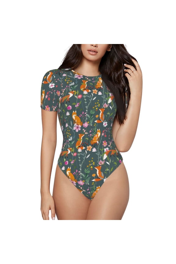 Wolf Fox In Flower Forest Prinr Short Sleeve Body suit for Womens, Sexy Onesie One Piece Round Neck Bodysuit Shapewear Tummy Control-X-Large
